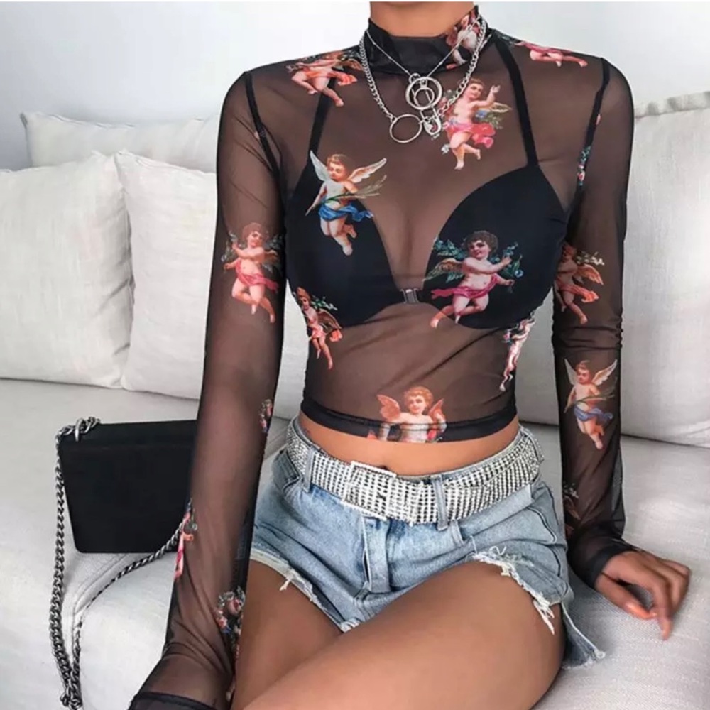 Floral Cherub Long Sleeve Crop Top  ~ Brand New - Picture 8 of 9